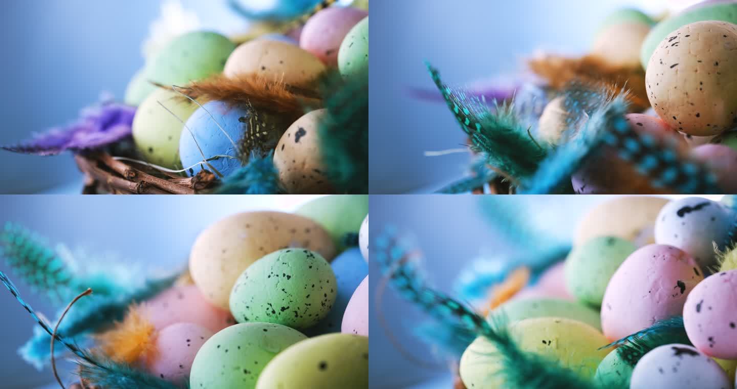 复活节彩蛋放在一个鸟巢里，羽毛颜色鲜艳，背景是蓝色的木头