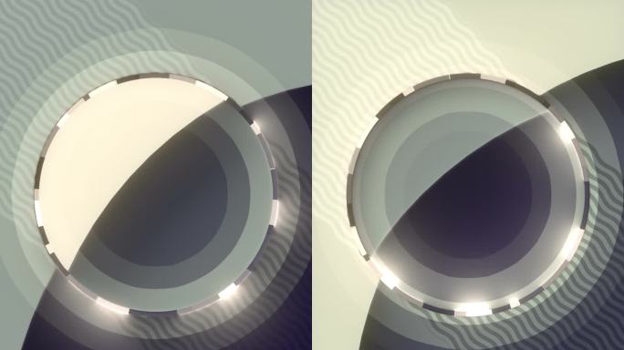 圆形移动图形的几何构图，颜色平滑、和谐变化，中心有旋转发光环。3d渲染数字无缝循环动画HD