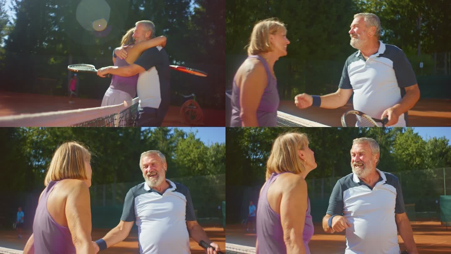 SLO MO在阳光明媚的一天，老年男女在网球比赛后拥抱、谈笑