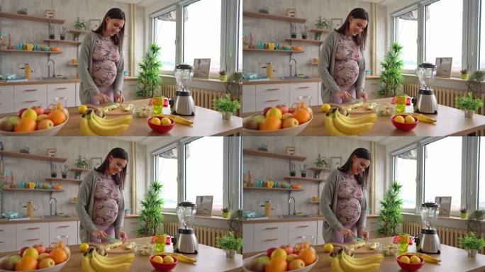 孕妇在柜台上切苹果