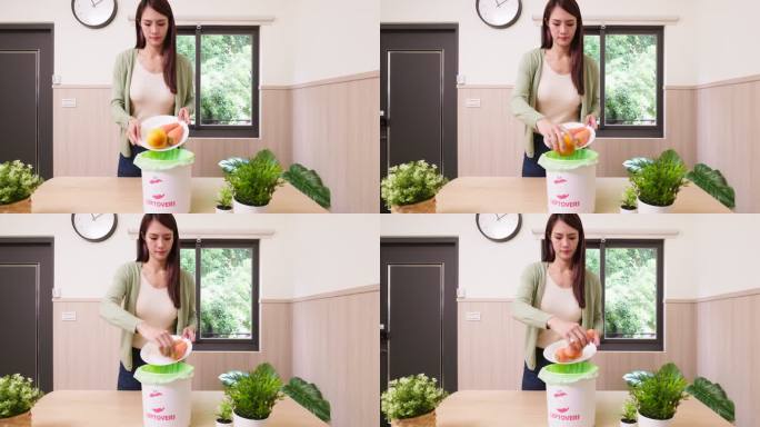 刮烂蔬菜的女人扔掉烂菜浪费食物屋子塑料袋