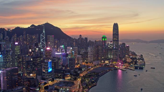 香港城市大景航拍港岛日落黄昏