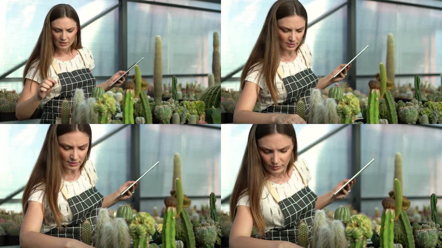 一位年轻女子在温室里的数字平板电脑上查看她的植物收藏