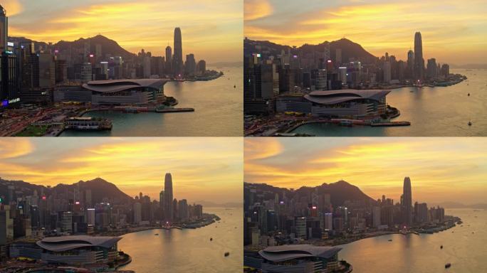 香港城市大景航拍港岛日落黄昏