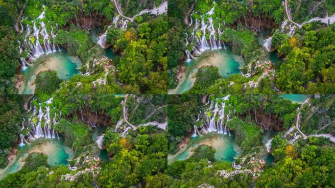 空中：Plitvice湖国家公园的湖泊和瀑布