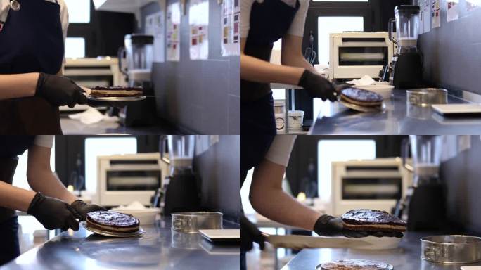 一位经验丰富、技术娴熟的女性糖果师在糖果师的厨房里制作蛋糕