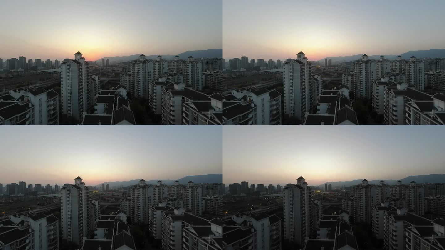 高视角-捕捉城市居民区，日落时拍摄