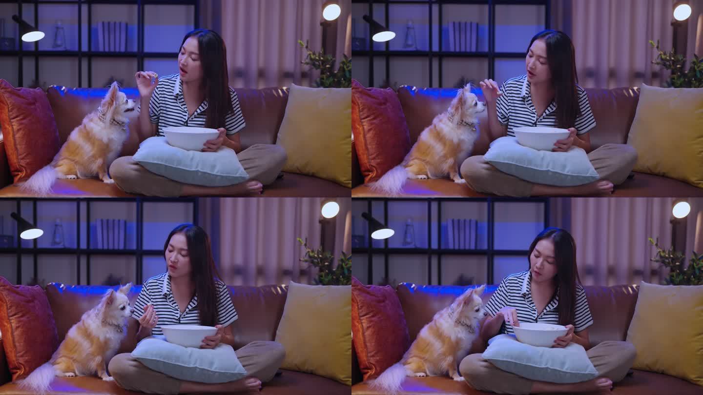 迷人的亚洲年轻美女，晚上在客厅的沙发上和她的狗一起看电视，一边吃爆米花，而她的狗在等宠物，一边吃零食