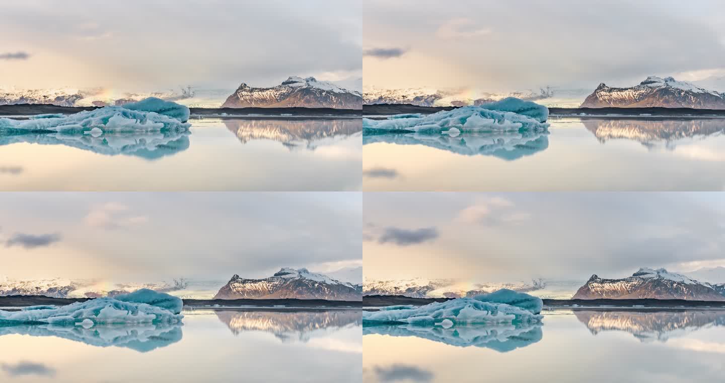 Jokulsarlon泻湖云景和冰山的延时拍摄