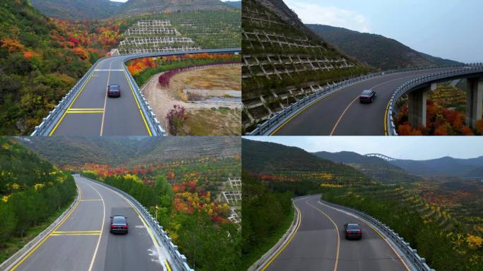 航拍太原天龙山网红桥红叶奥迪车跟随