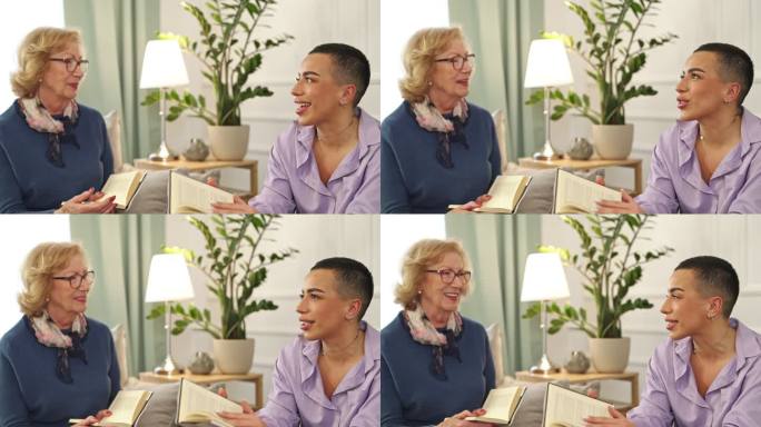 老年妇女在读书会会议上与年轻人交谈
