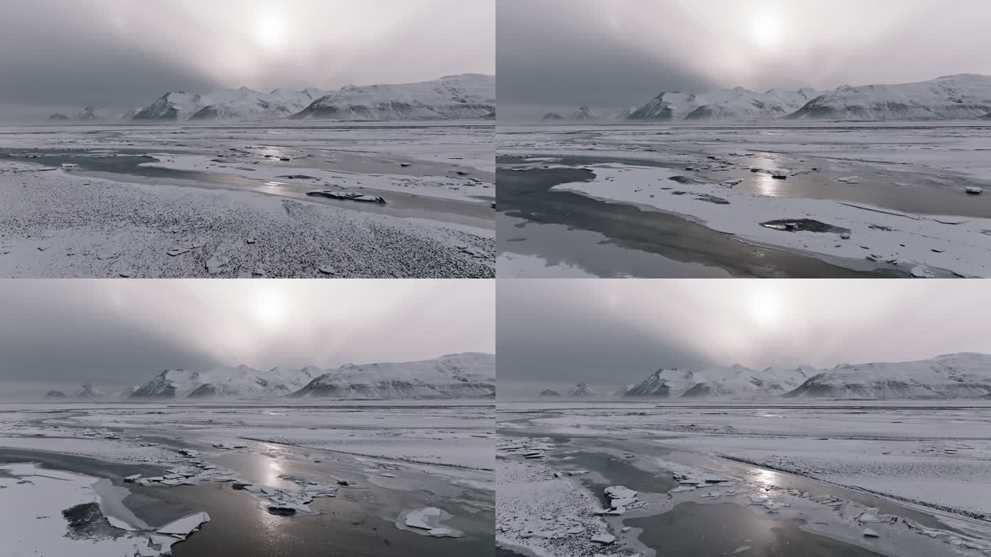 冰岛冰封峡湾无人机飞越冬季日落黄昏4K视频第一部分