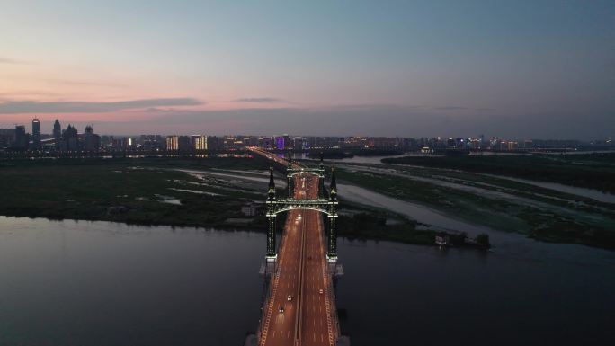 哈尔滨阳明滩大桥夜景航拍