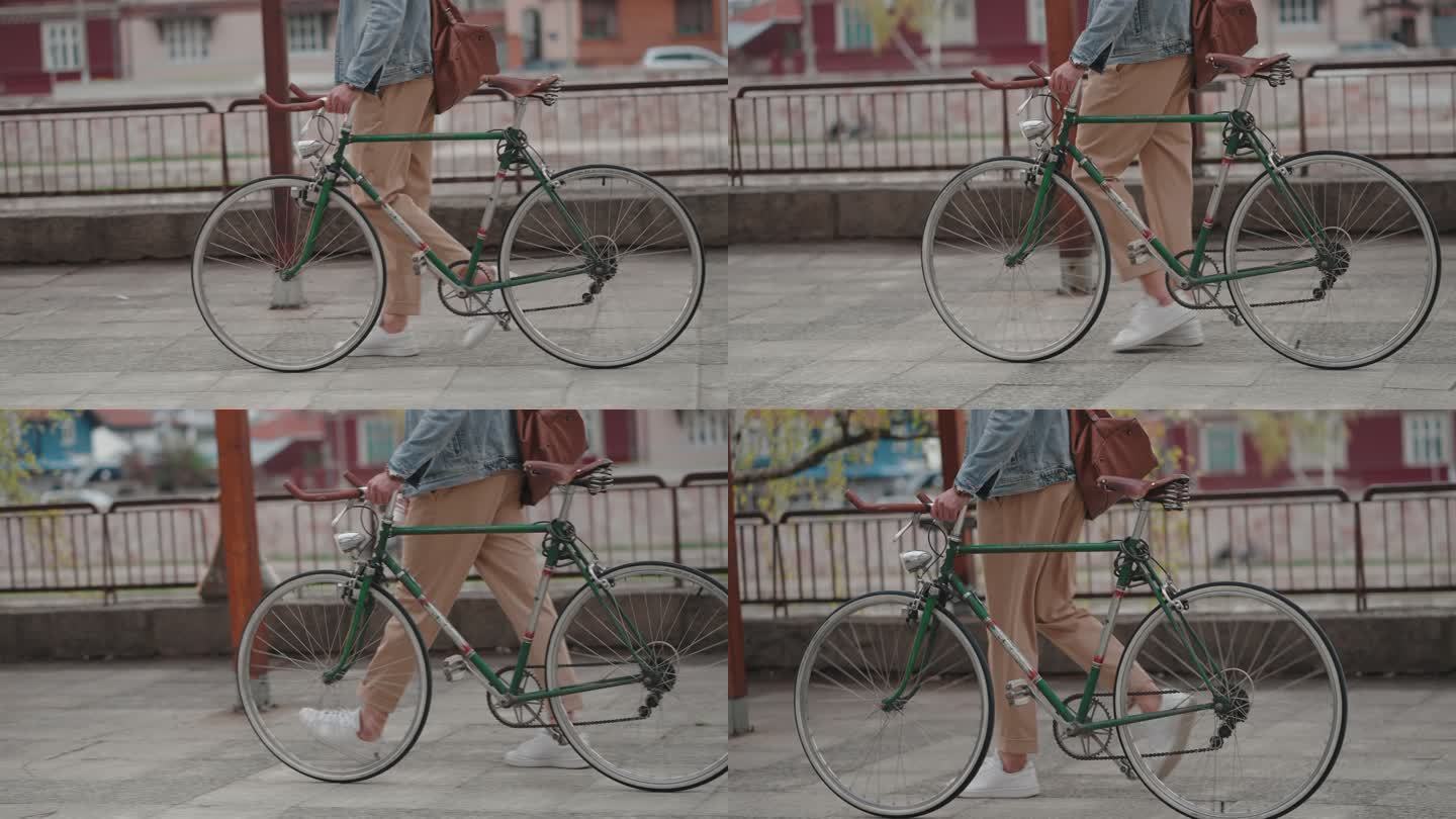 千禧一代企业家，骑着绿色复古自行车通勤上班