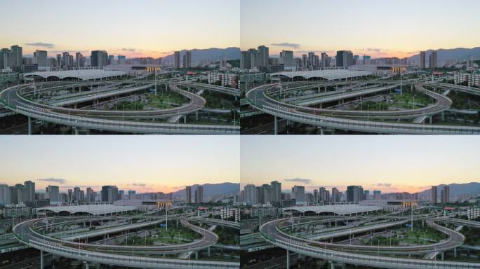 黄昏时分城市高架平交桥鸟瞰图