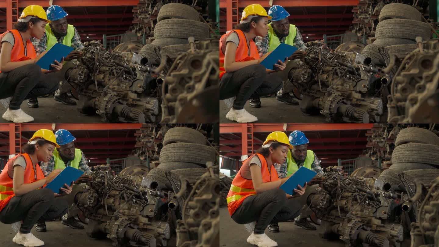 带着安全帽的多种族工人使用剪贴板检查车辆废料场的备件。