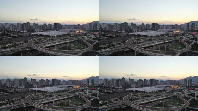 日落时实时拍摄城市高架立交桥