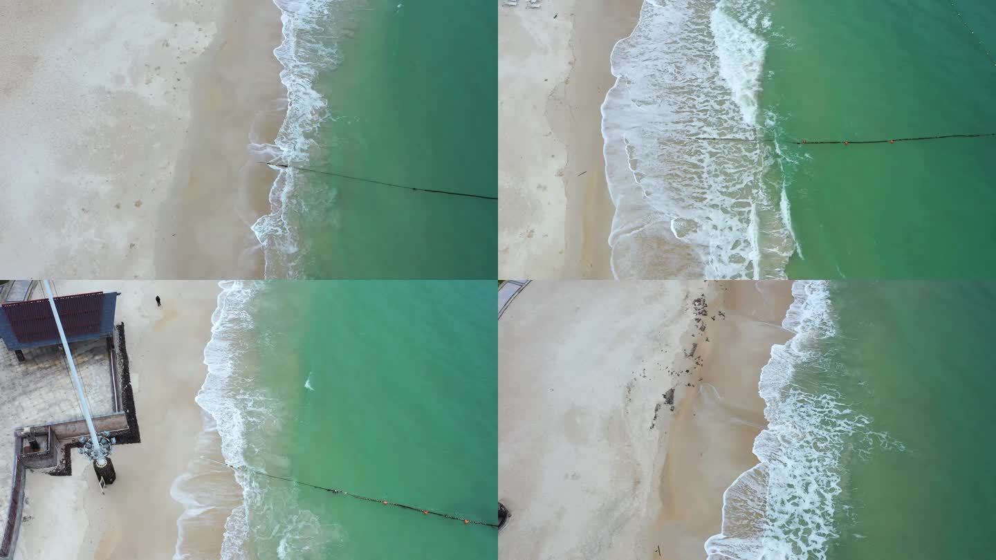 慢镜头俯视海浪、沙滩、桔钓沙