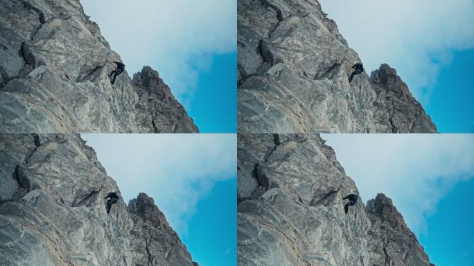 欧洲阿尔卑斯山的尖峰。陡峭岩壁上的资深登山者