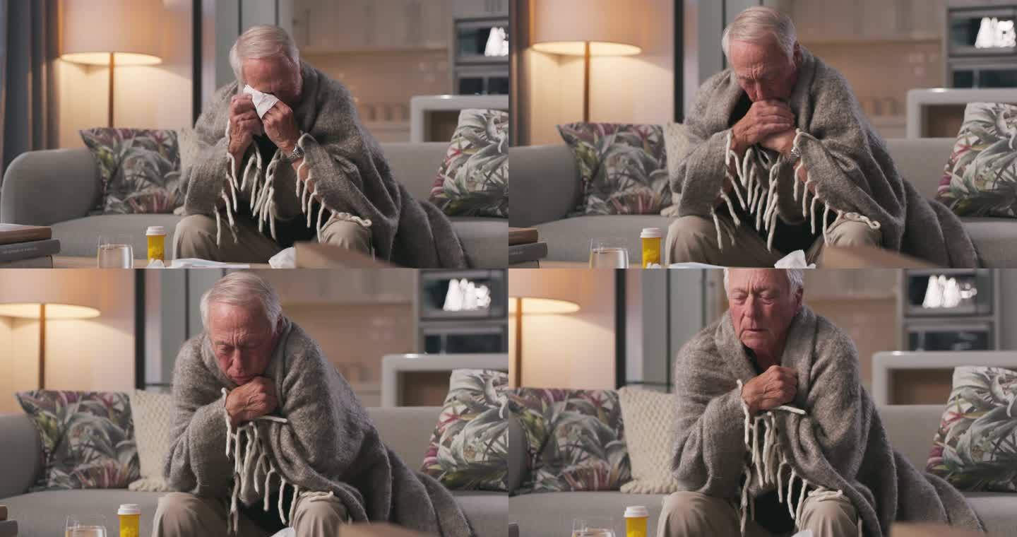 一名老年男子在家中擤鼻涕并用毯子盖住自己的4k视频片段