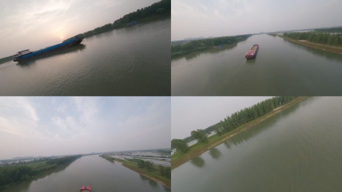 汉江武汉段穿越机航拍追夕阳下的轮船