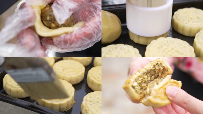 蜂蜜面、蜂蜜月饼制作过程和成品月饼特写下