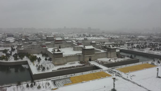 山西大同古城南广场雪景航拍合集