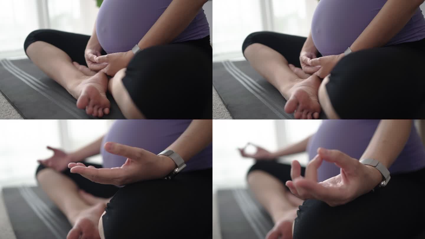 孕妇在客厅锻炼前冥想