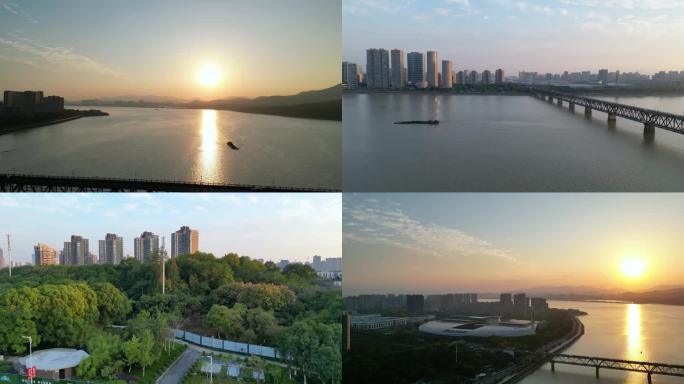 杭州钱塘江大桥，航拍钱塘江上的夕阳