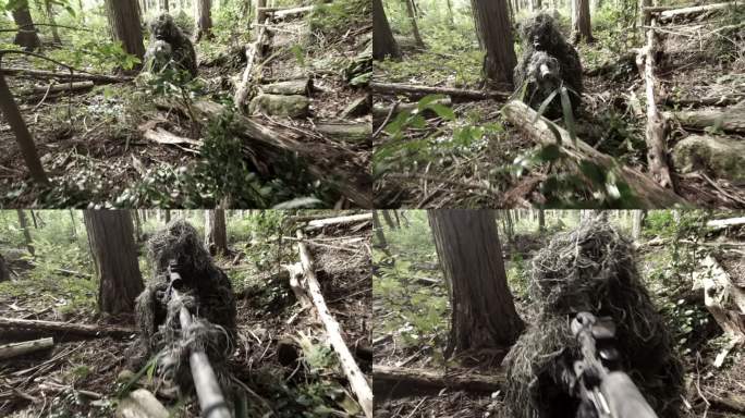 当摄像机飞过时，吉利西装狙击手躲在森林里的扳机步枪里