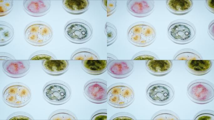白色桌子上有彩色真菌霉菌的小培养皿
