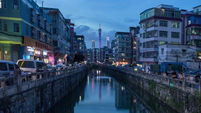 广州市大塘市井日转夜万家灯火延时