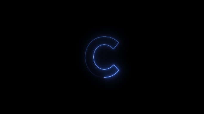 一段时间后，蓝色霓虹灯字体字母C大写出现。黑色背景上的动画蓝色霓虹灯字母符号。股票视频