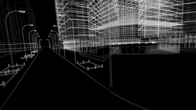建筑蓝图三维动画黑白模型网格智慧城市