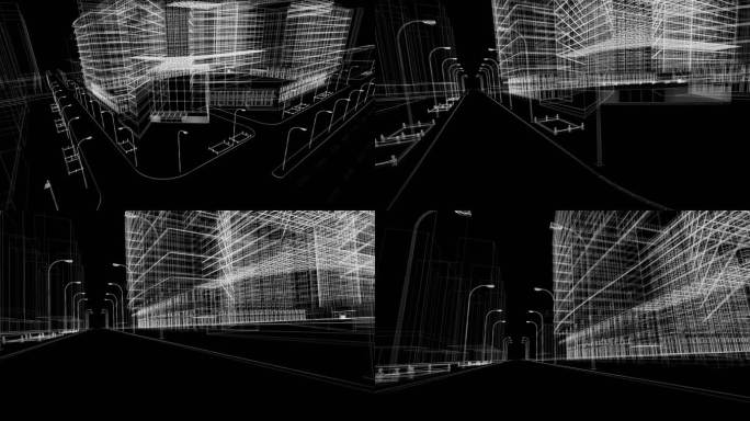 建筑蓝图三维动画黑白模型网格智慧城市