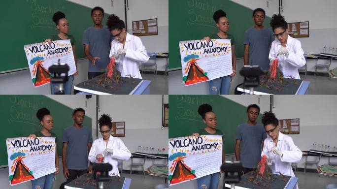 学生在课堂上做关于火山的在线演示
