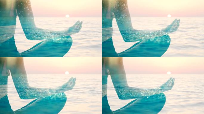 远景：日落时分，一位莲花姿势的女子漂浮在海面上的侧影