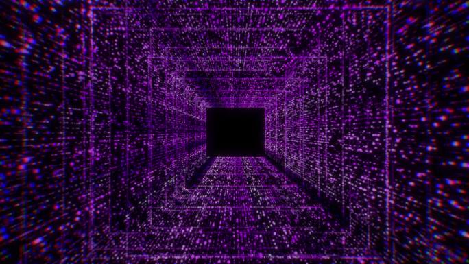 充满未来色彩的隧道，有一排排的线路。用霓虹灯穿过闪亮的条纹，美丽地潜入方形隧道的网络空间。飞越新兴的