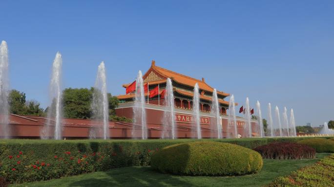 北京天安门喷泉开启