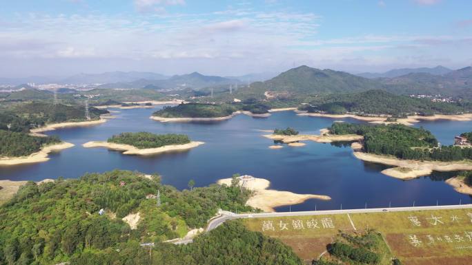 航拍水库湿地公园湖泊森林树林自然风景环境