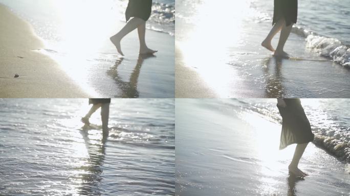 美女海边玩海水沙滩踢海水玩耍阳光海滩海浪