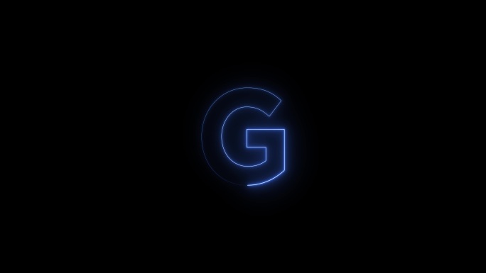一段时间后，蓝色霓虹灯字体字母G大写出现。黑色背景上的动画蓝色霓虹灯字母符号。股票视频