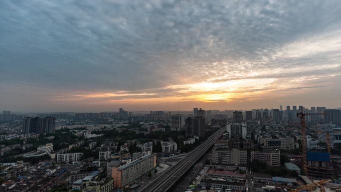 城市天亮鸟瞰地平线城市日出朝霞朝阳延时