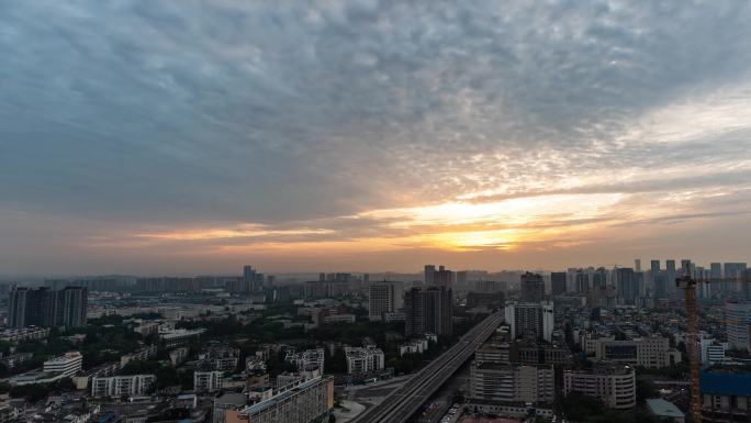 城市天亮鸟瞰地平线日出朝霞朝阳变焦延时