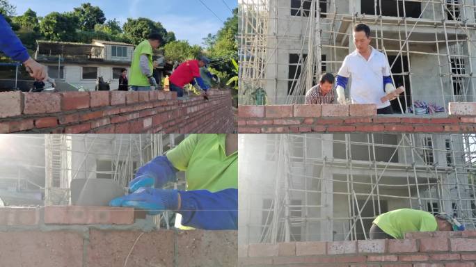 建筑工人农民工砌砖起墙红砖起屋 建房造屋