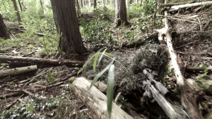 Ghillie套装狙击手躺在森林中瞄准，摄像机在头顶移动