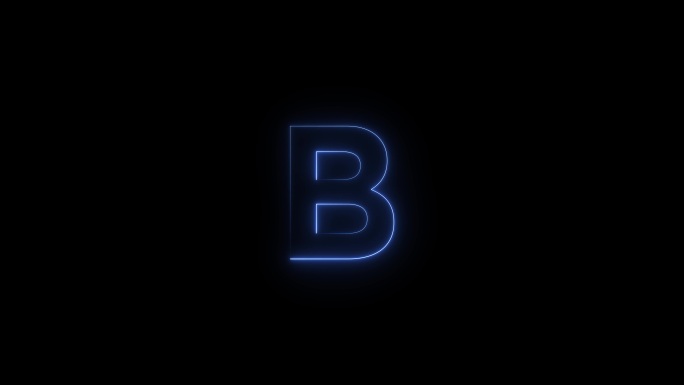 一段时间后，蓝色霓虹灯字体字母B大写出现。黑色背景上的动画蓝色霓虹灯字母符号。股票视频