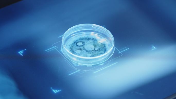 一位科学家戴着防护手套，将一个带有真菌生长的小培养皿放在蓝色HUD台上进行扫描。未来医学考试。