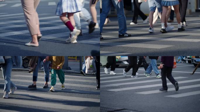 城市斑马线行人脚步慢镜头多组