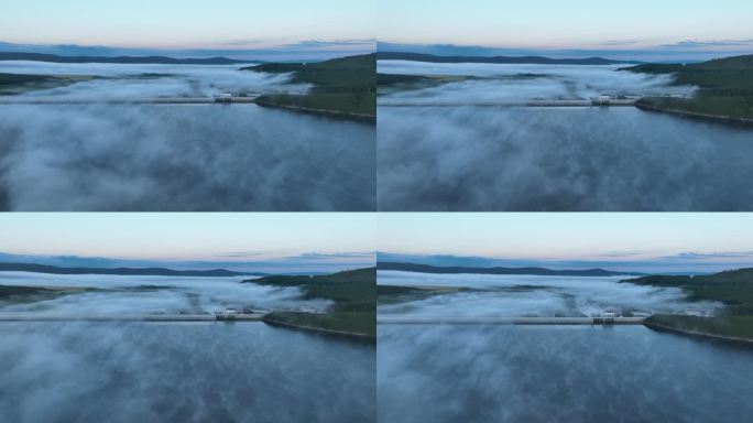 航拍晨雾缭绕的湖泊